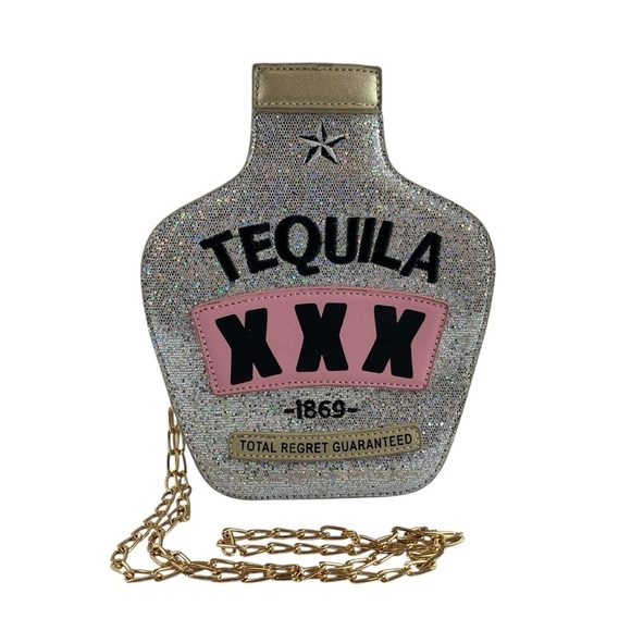 Crossbody Novelty Tequila Sparkly Silver Bag Purse Zip Close Crossbody - Picture 2 of 16